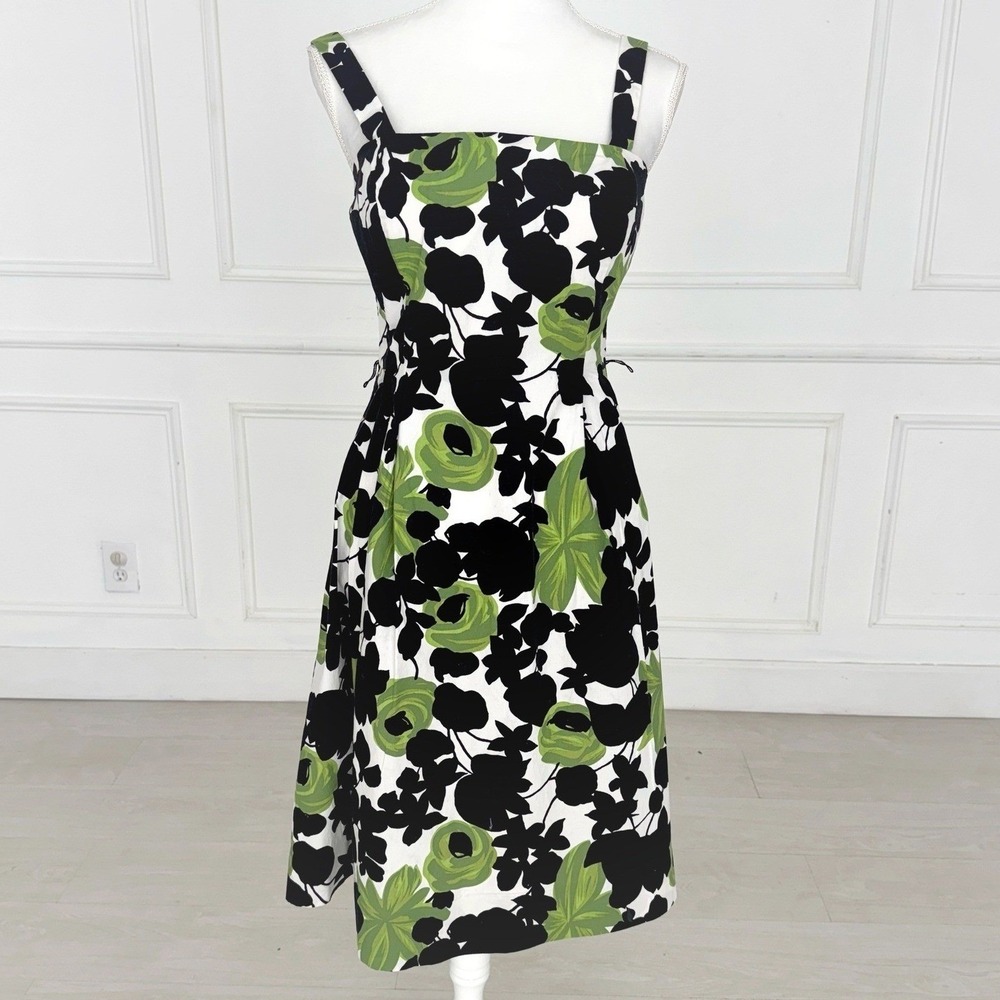 Dressbarn A-Line Midi Dress Womens 8 Green Black Floral Modern Garden Party Bold